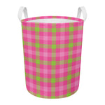 Green And Pink Buffalo Plaid Print Round Laundry Basket