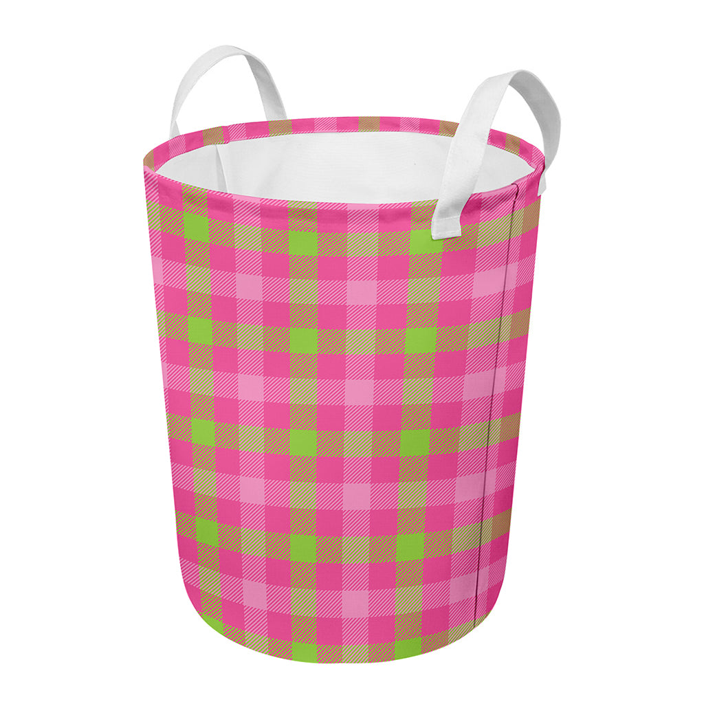 Green And Pink Buffalo Plaid Print Round Laundry Basket