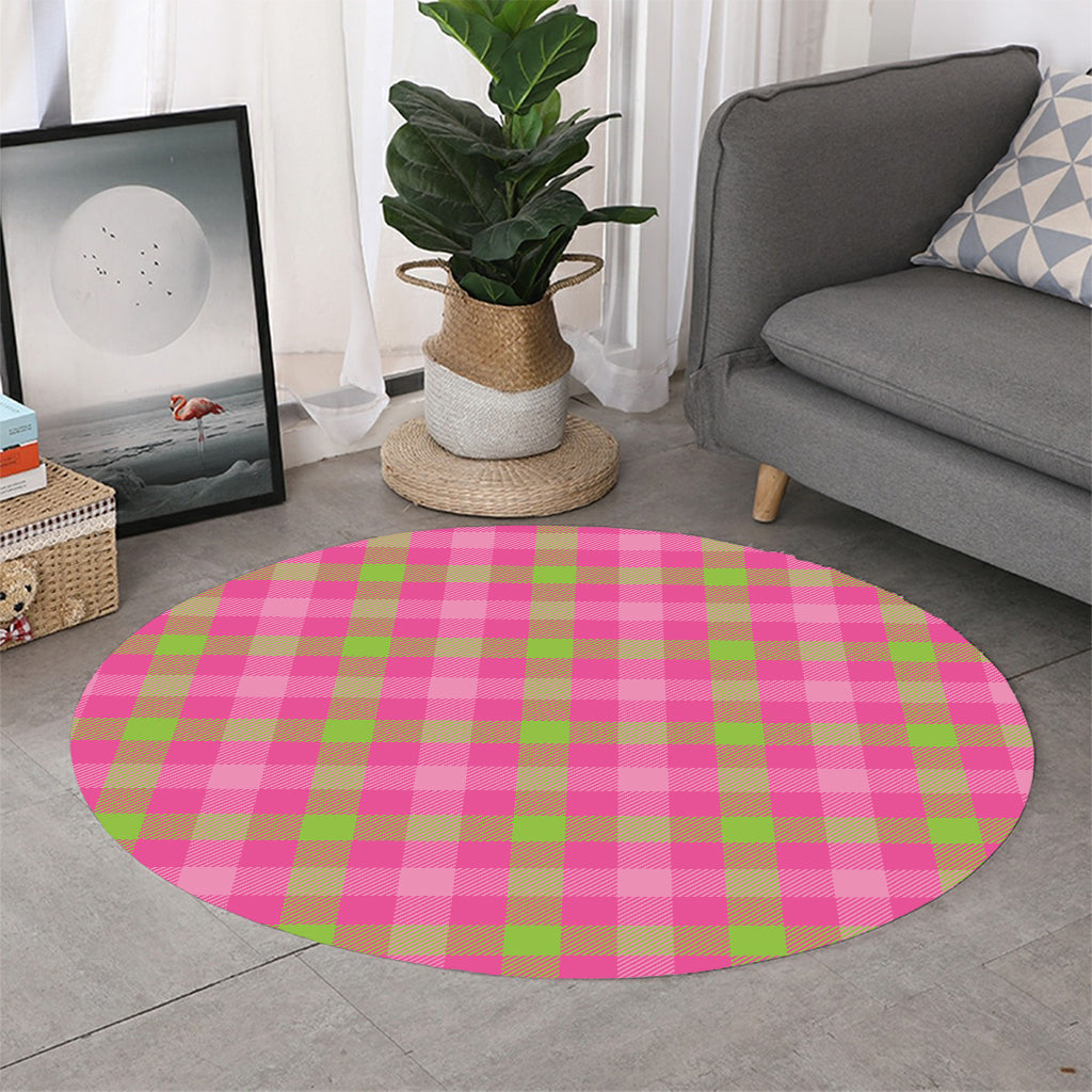 Green And Pink Buffalo Plaid Print Round Rug