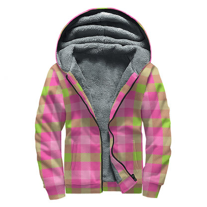 Green And Pink Buffalo Plaid Print Sherpa Lined Zip Up Hoodie