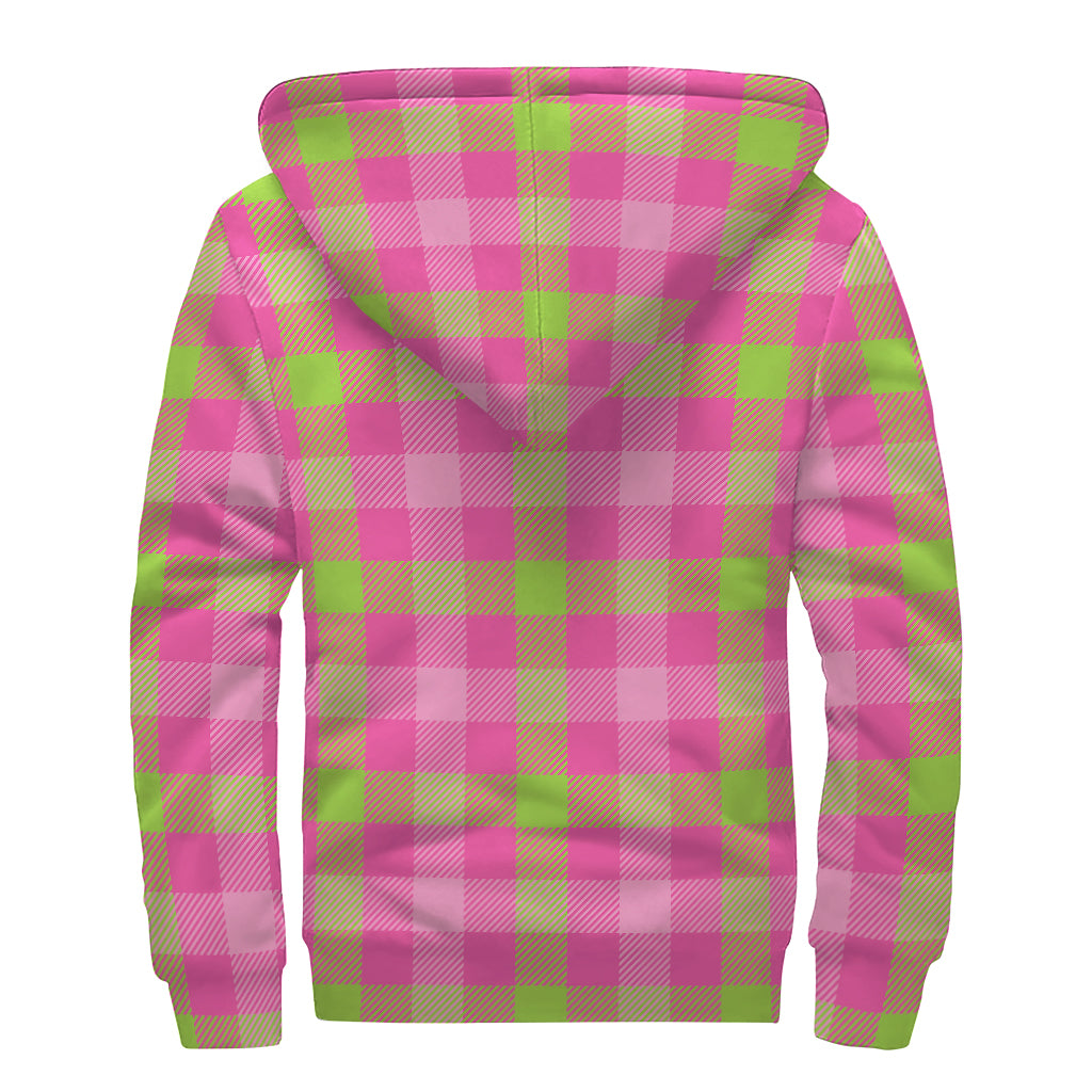 Green And Pink Buffalo Plaid Print Sherpa Lined Zip Up Hoodie