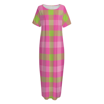 Green And Pink Buffalo Plaid Print Short Sleeve Long Nightdress