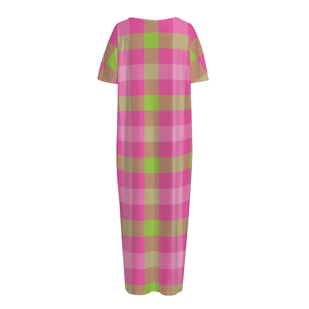 Green And Pink Buffalo Plaid Print Short Sleeve Long Nightdress