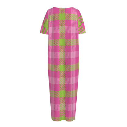Green And Pink Buffalo Plaid Print Short Sleeve Long Nightdress