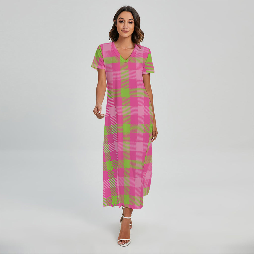Green And Pink Buffalo Plaid Print Short Sleeve Maxi Dress