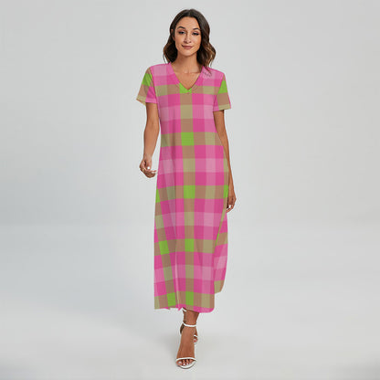 Green And Pink Buffalo Plaid Print Short Sleeve Maxi Dress