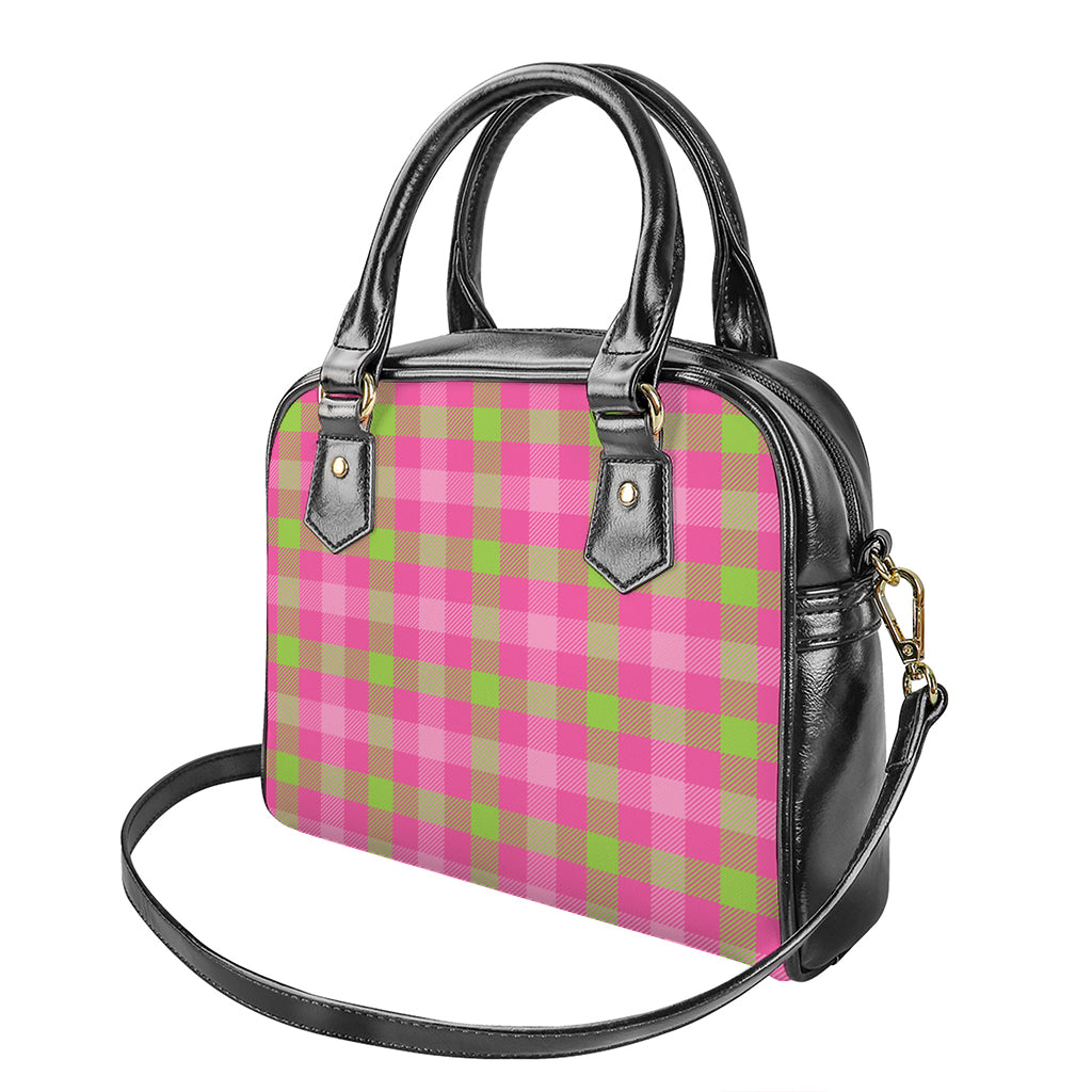 Green And Pink Buffalo Plaid Print Shoulder Handbag