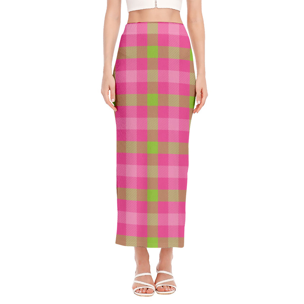 Green And Pink Buffalo Plaid Print Side Slit Maxi Skirt