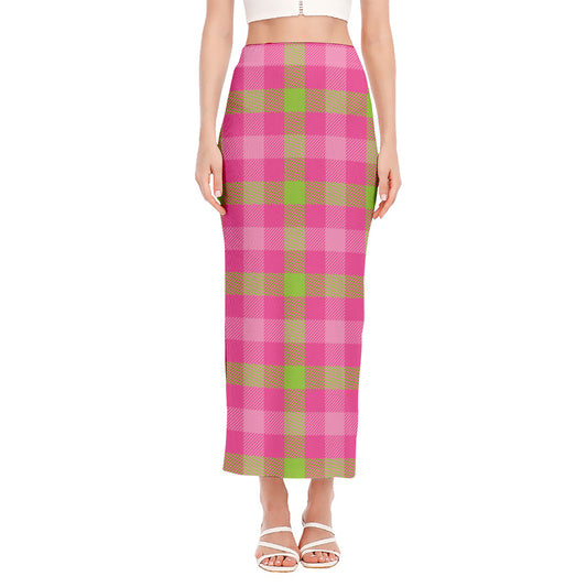 Green And Pink Buffalo Plaid Print Side Slit Maxi Skirt