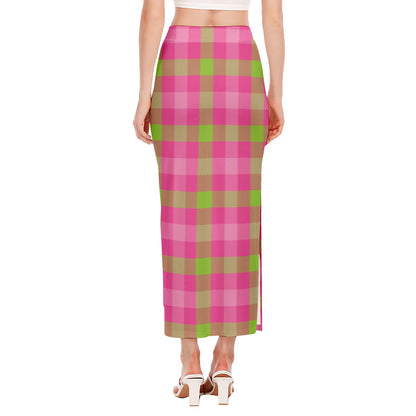 Green And Pink Buffalo Plaid Print Side Slit Maxi Skirt