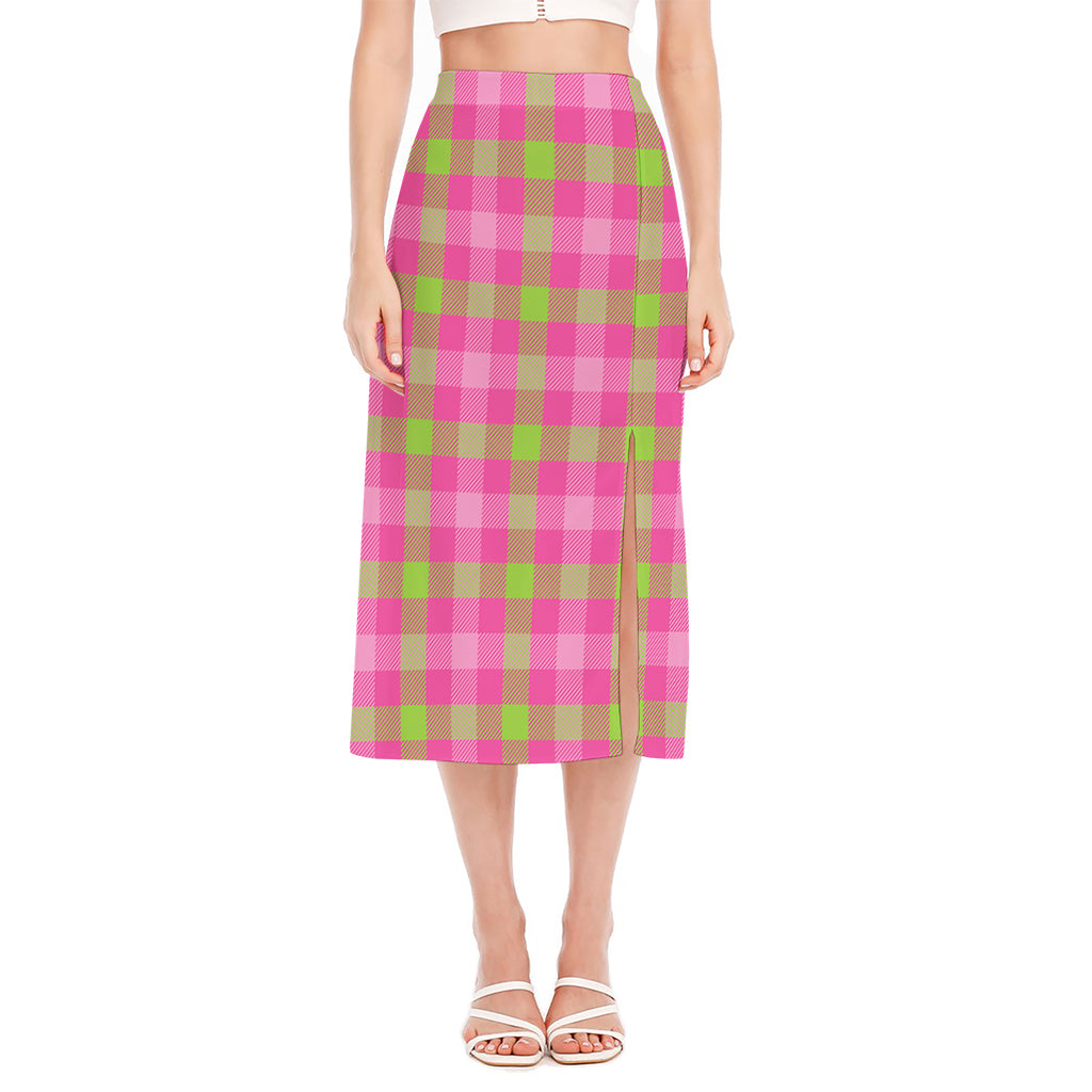 Green And Pink Buffalo Plaid Print Side Slit Midi Skirt