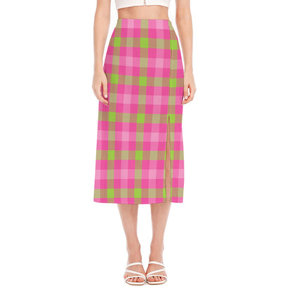 Green And Pink Buffalo Plaid Print Side Slit Midi Skirt