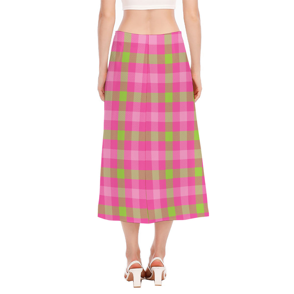 Green And Pink Buffalo Plaid Print Side Slit Midi Skirt
