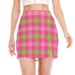 Green And Pink Buffalo Plaid Print Side Slit Mini Skirt