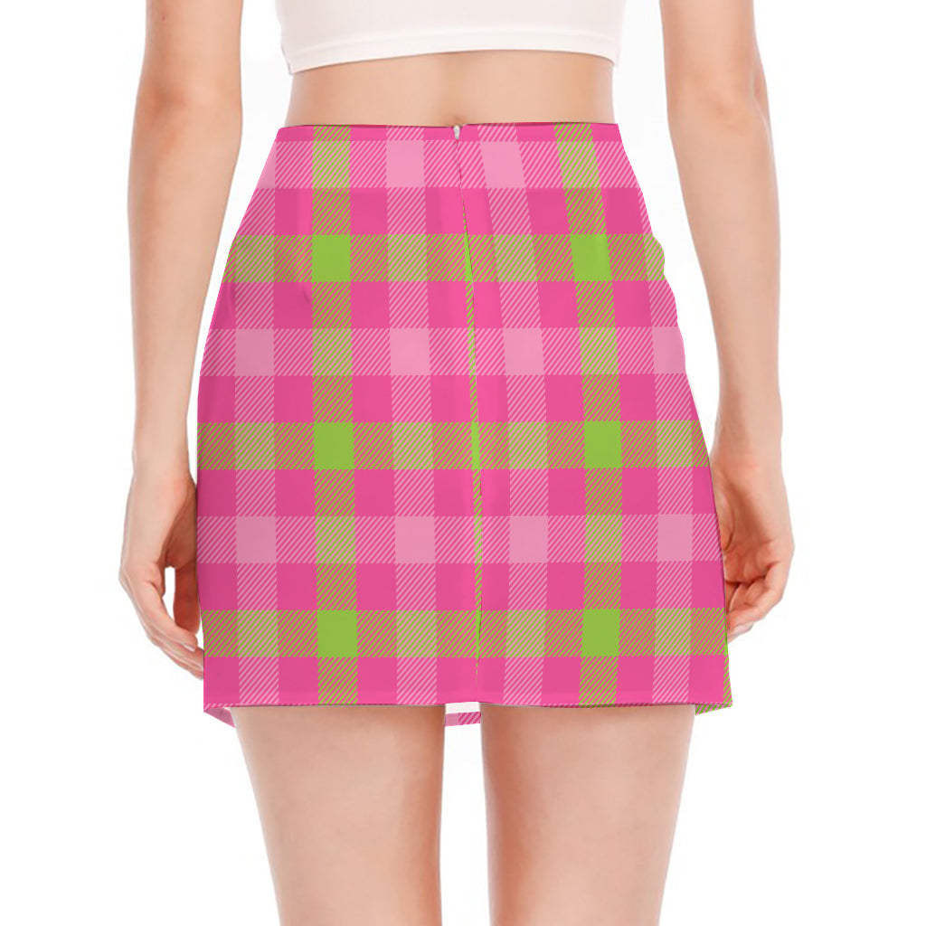 Green And Pink Buffalo Plaid Print Side Slit Mini Skirt