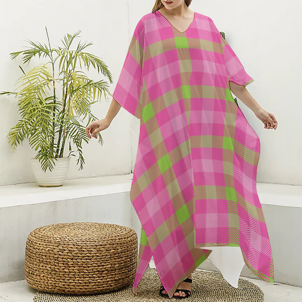 Green And Pink Buffalo Plaid Print Silk V-Neck Kaftan Dress
