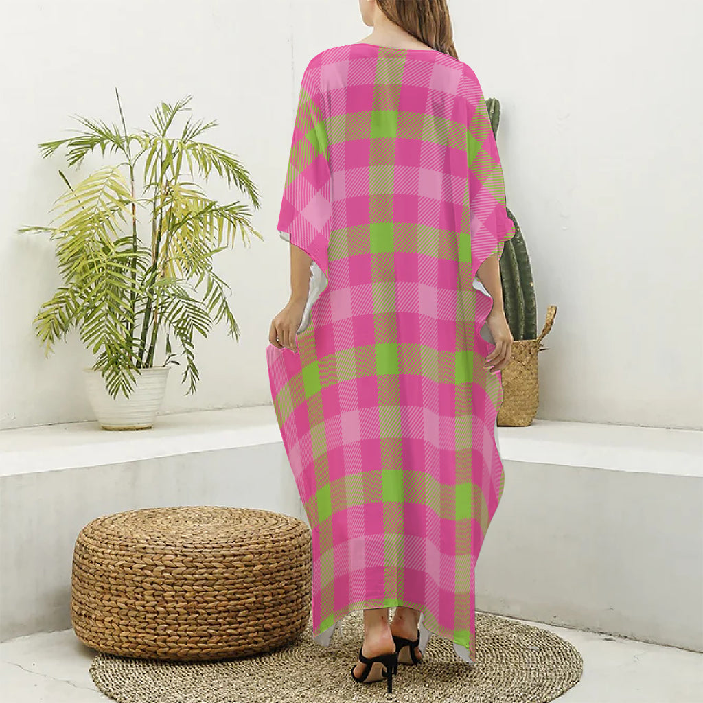 Green And Pink Buffalo Plaid Print Silk V-Neck Kaftan Dress