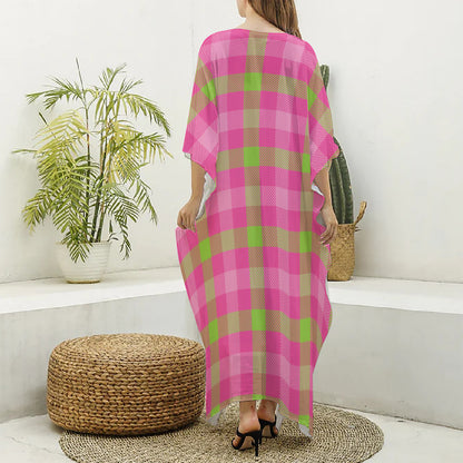 Green And Pink Buffalo Plaid Print Silk V-Neck Kaftan Dress