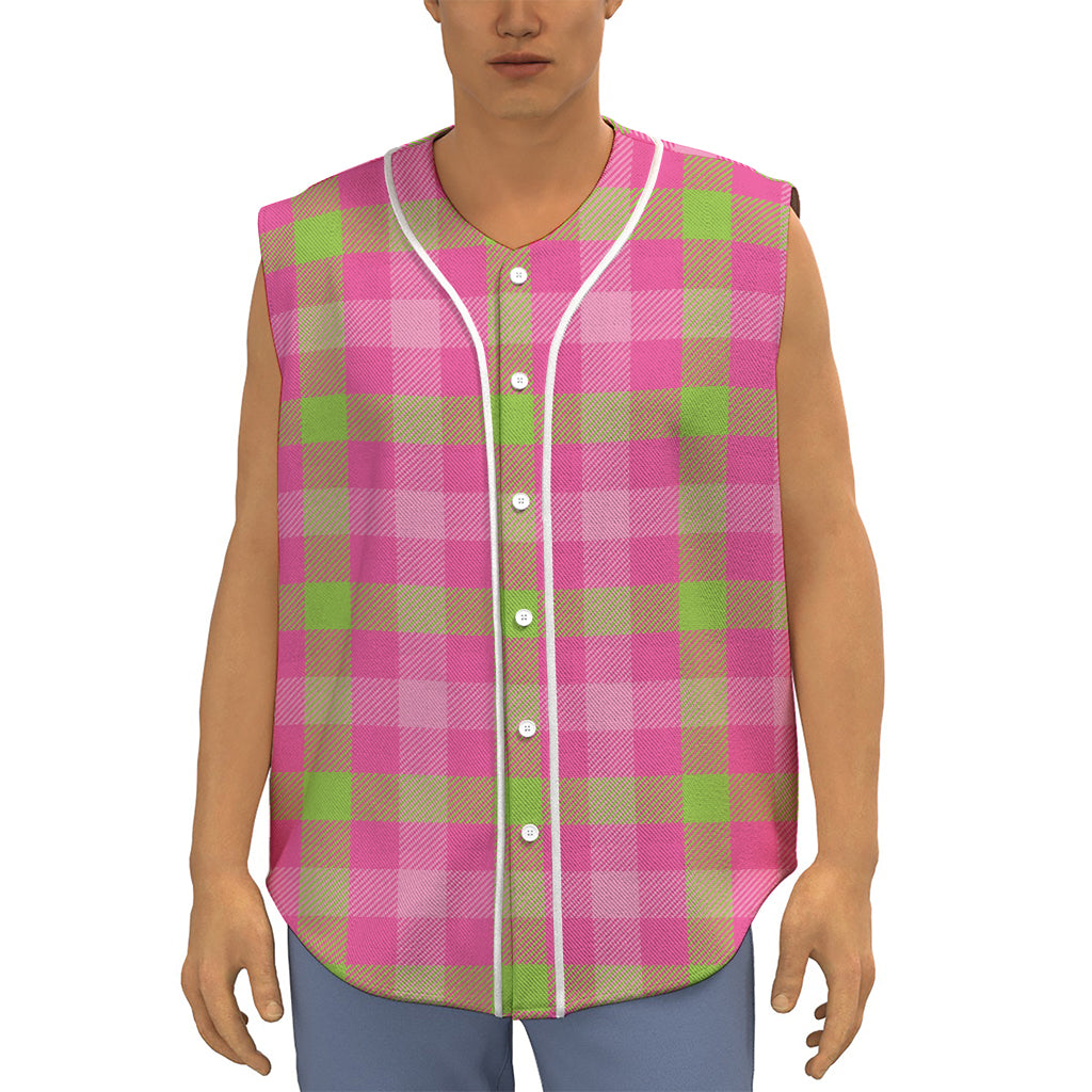 Green And Pink Buffalo Plaid Print Sleeveless Baseball Jersey