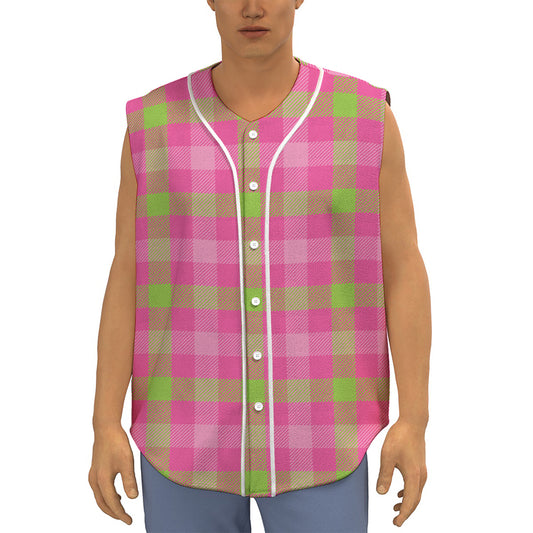 Green And Pink Buffalo Plaid Print Sleeveless Baseball Jersey