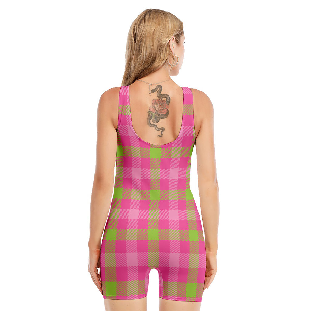 Green And Pink Buffalo Plaid Print Sleeveless One Piece Swimsuit