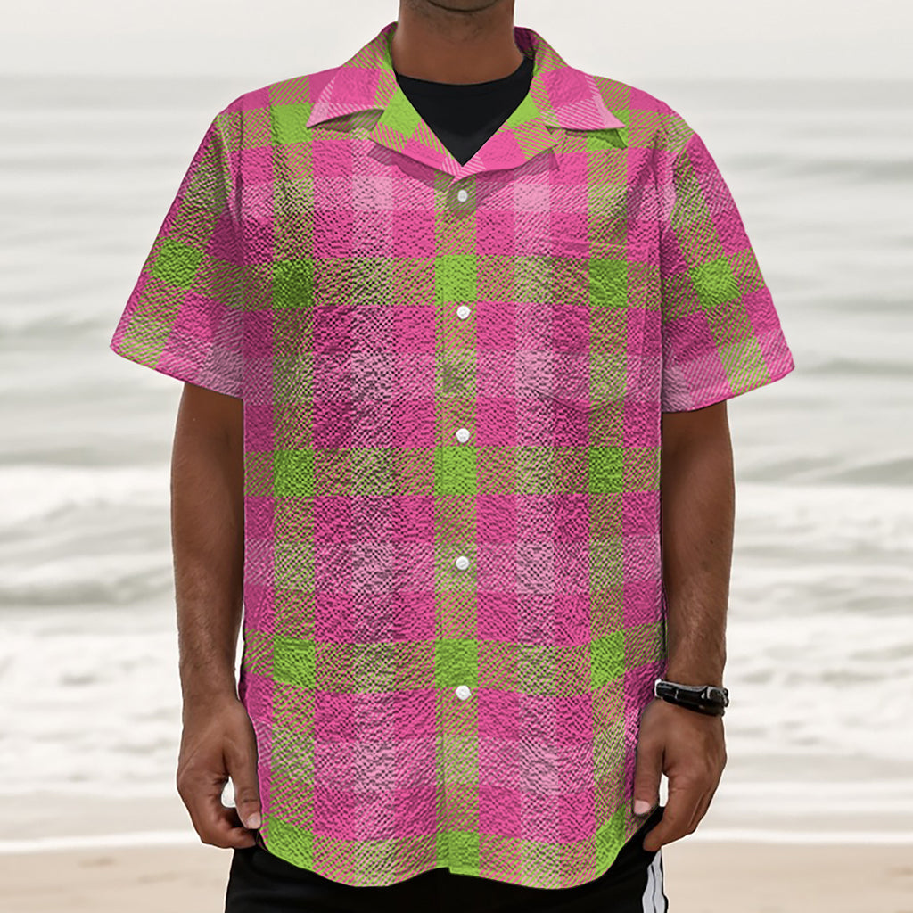 Green And Pink Buffalo Plaid Print Textured Short Sleeve Shirt