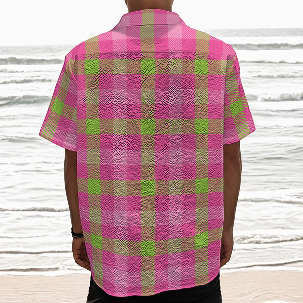 Green And Pink Buffalo Plaid Print Textured Short Sleeve Shirt