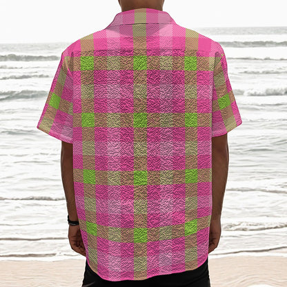 Green And Pink Buffalo Plaid Print Textured Short Sleeve Shirt