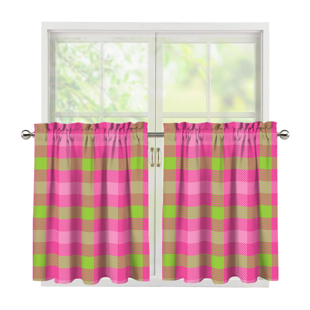 Green And Pink Buffalo Plaid Print Tier Curtains