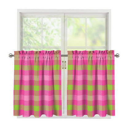 Green And Pink Buffalo Plaid Print Tier Curtains