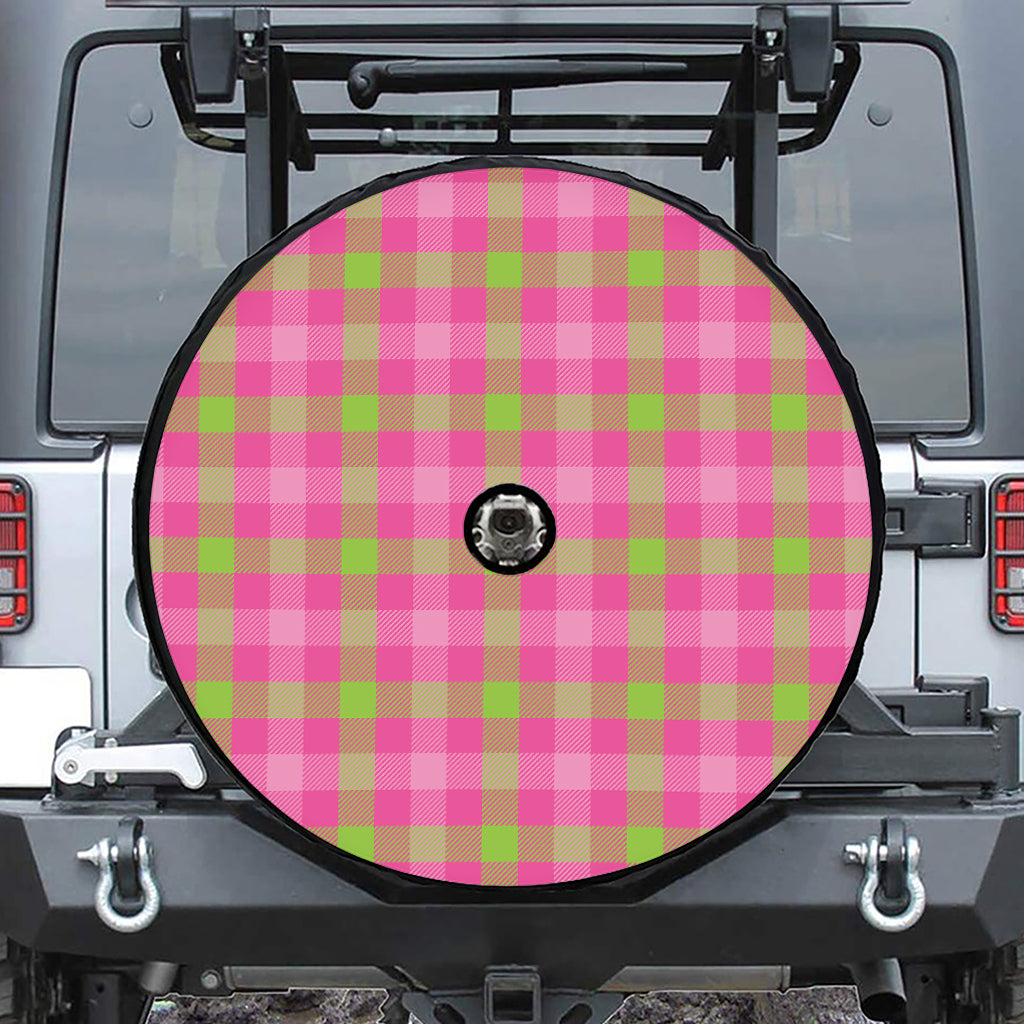 Green And Pink Buffalo Plaid Print Tire Cover With Camera Hole