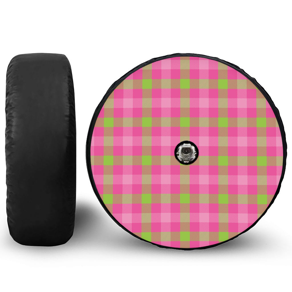 Green And Pink Buffalo Plaid Print Tire Cover With Camera Hole