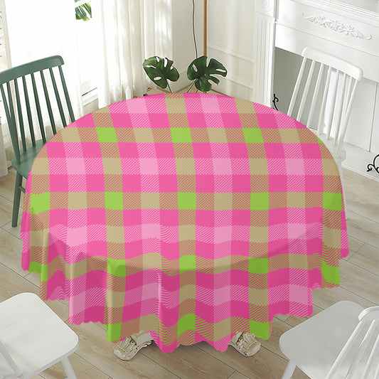 Green And Pink Buffalo Plaid Print Waterproof Round Tablecloth