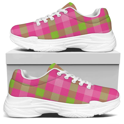Green And Pink Buffalo Plaid Print White Chunky Shoes