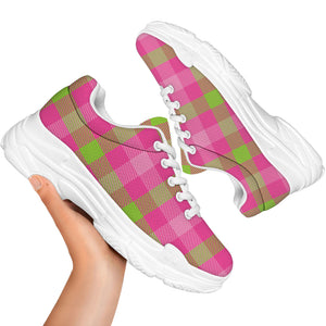 Green And Pink Buffalo Plaid Print White Chunky Shoes