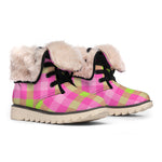 Green And Pink Buffalo Plaid Print Winter Boots