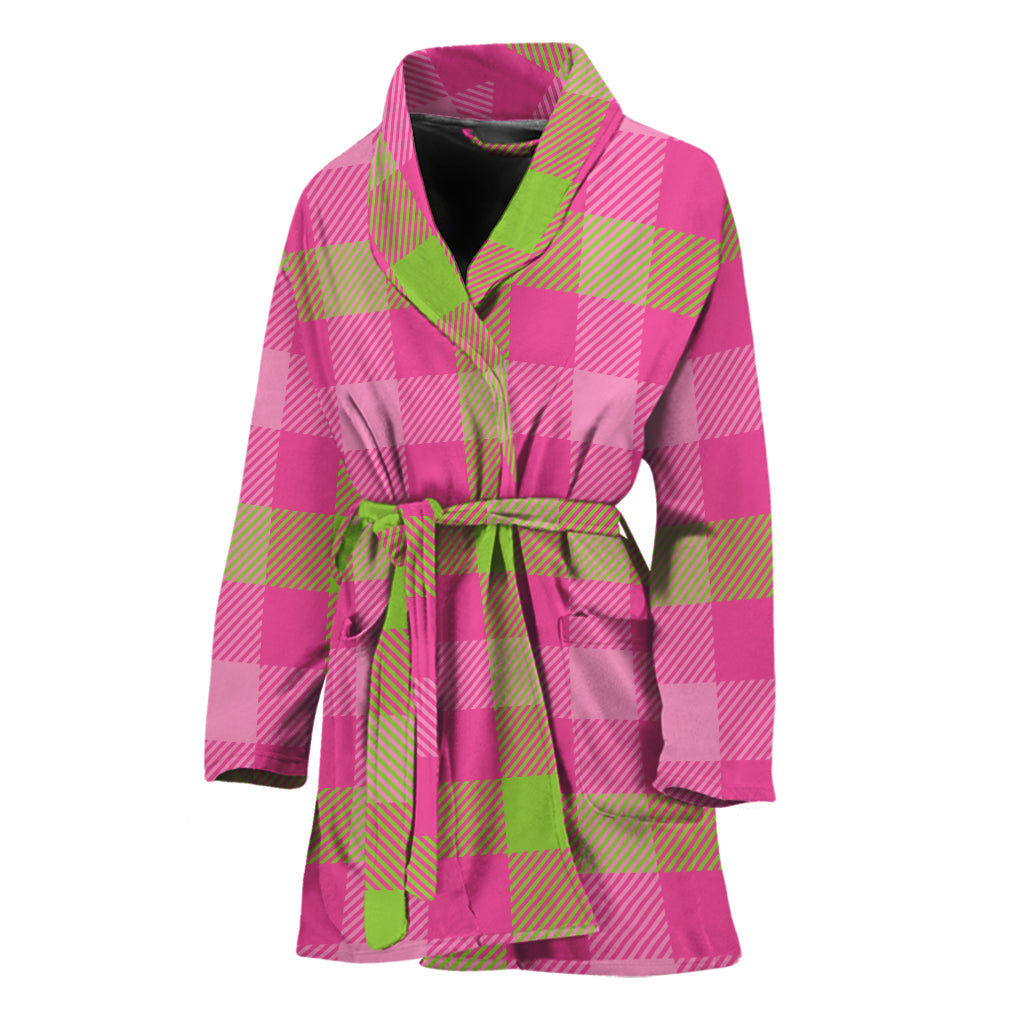Green And Pink Buffalo Plaid Print Women's Bathrobe