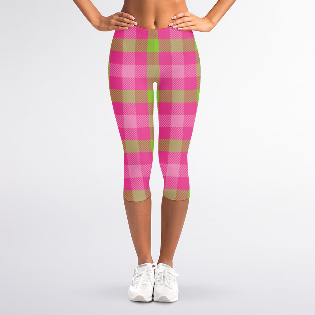 Green And Pink Buffalo Plaid Print Women's Capri Leggings