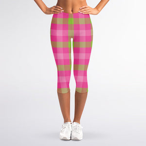 Green And Pink Buffalo Plaid Print Women's Capri Leggings