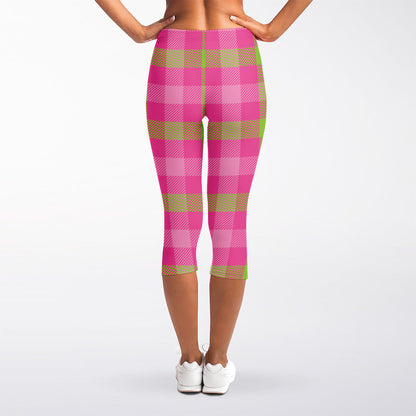 Green And Pink Buffalo Plaid Print Women's Capri Leggings