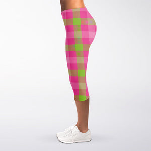 Green And Pink Buffalo Plaid Print Women's Capri Leggings