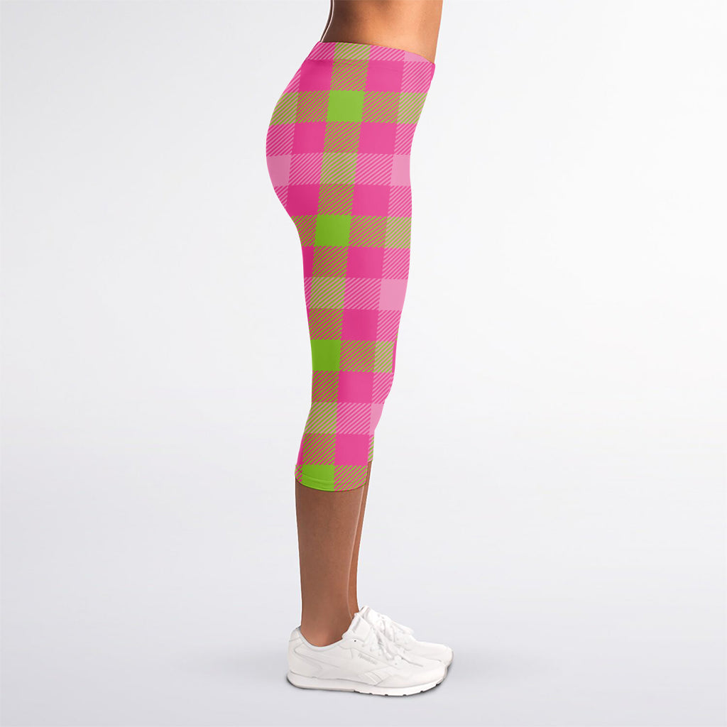 Green And Pink Buffalo Plaid Print Women's Capri Leggings