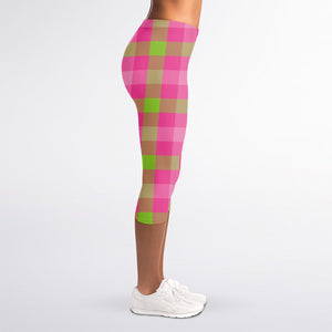 Green And Pink Buffalo Plaid Print Women's Capri Leggings