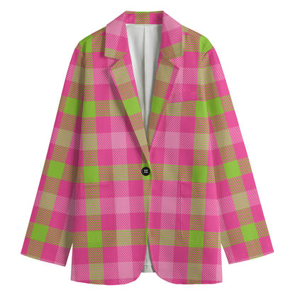 Green And Pink Buffalo Plaid Print Women's Cotton Blazer