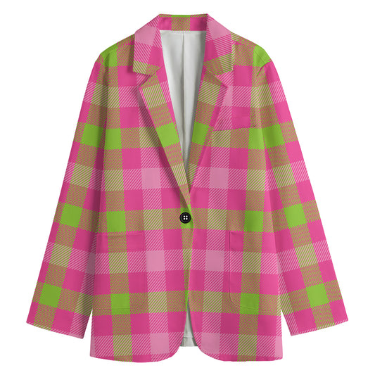 Green And Pink Buffalo Plaid Print Women's Cotton Blazer