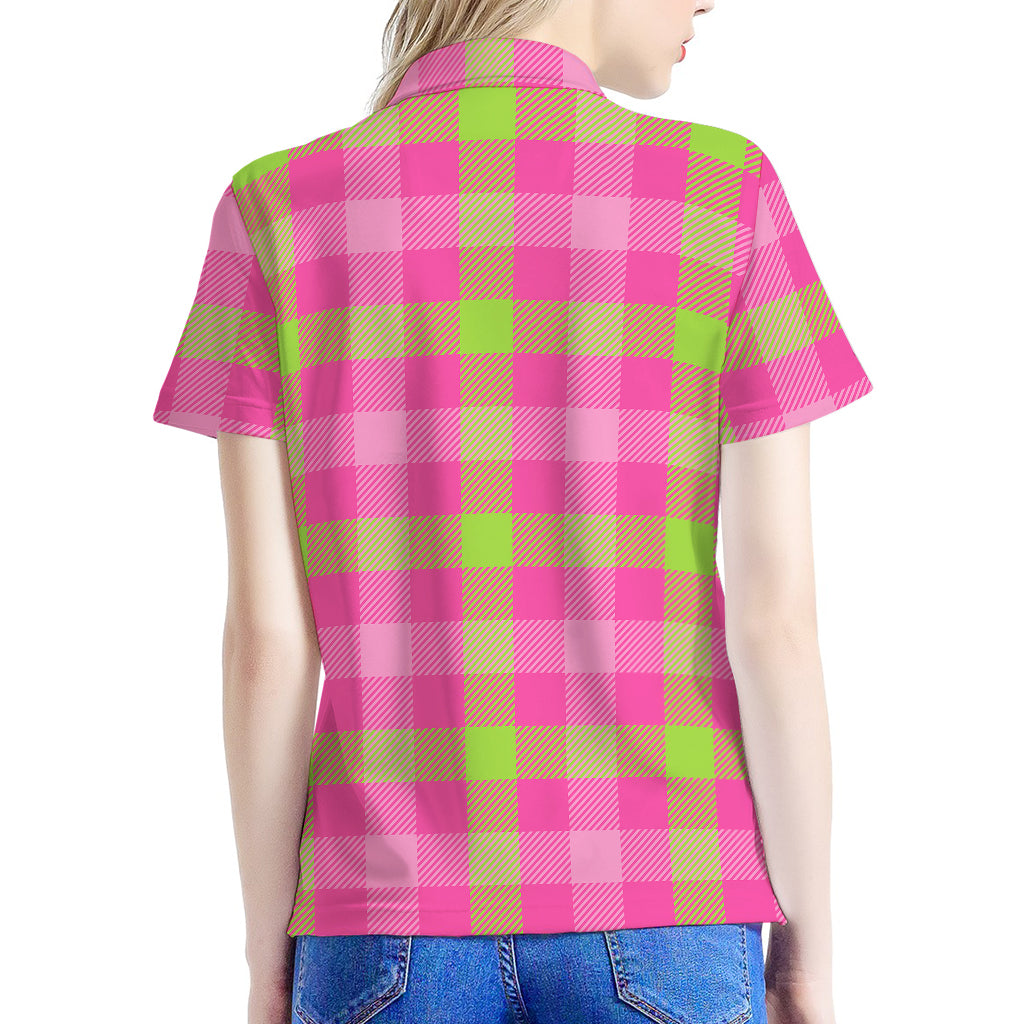 Green And Pink Buffalo Plaid Print Women's Polo Shirt