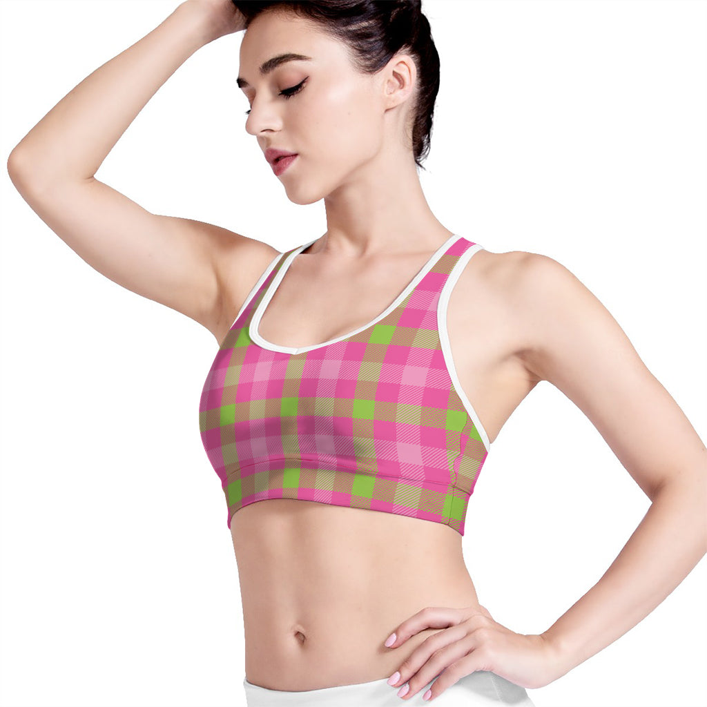 Green And Pink Buffalo Plaid Print Women's Sports Bra