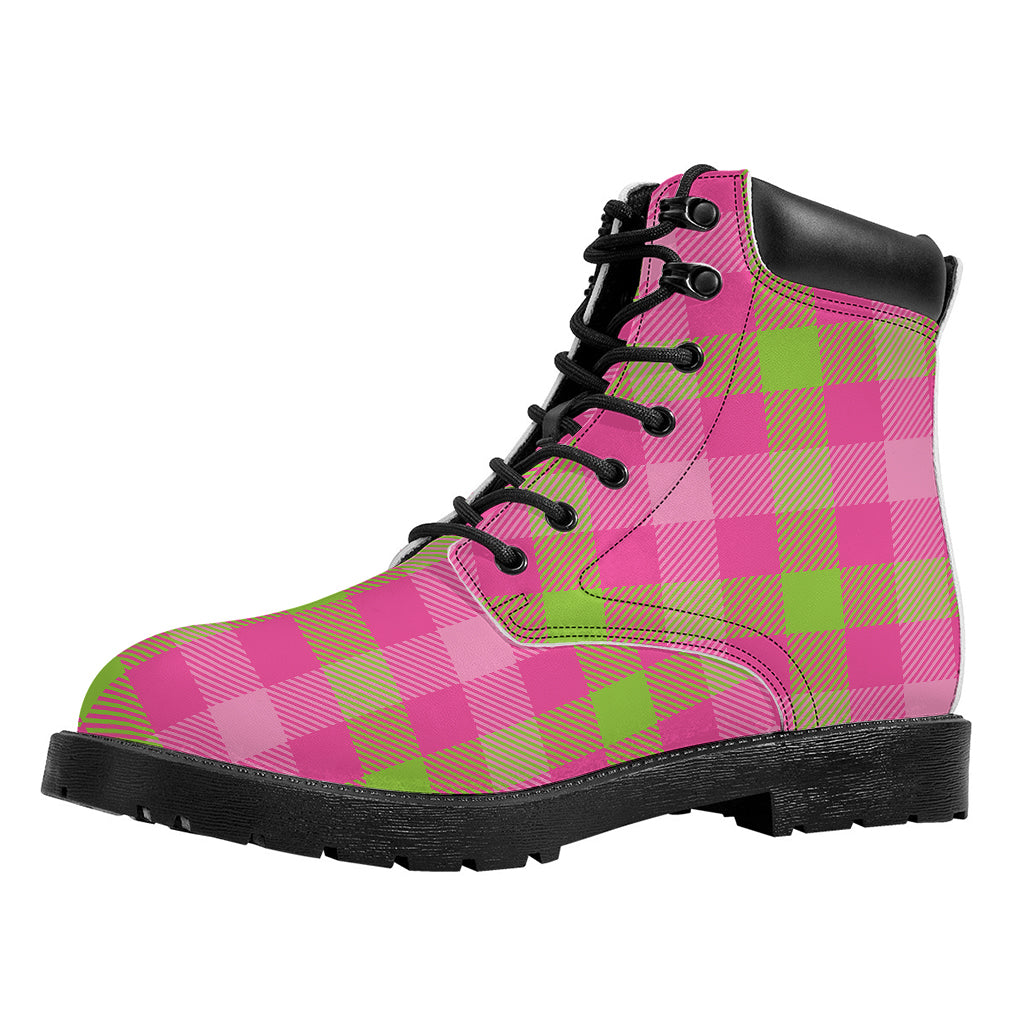 Green And Pink Buffalo Plaid Print Work Boots