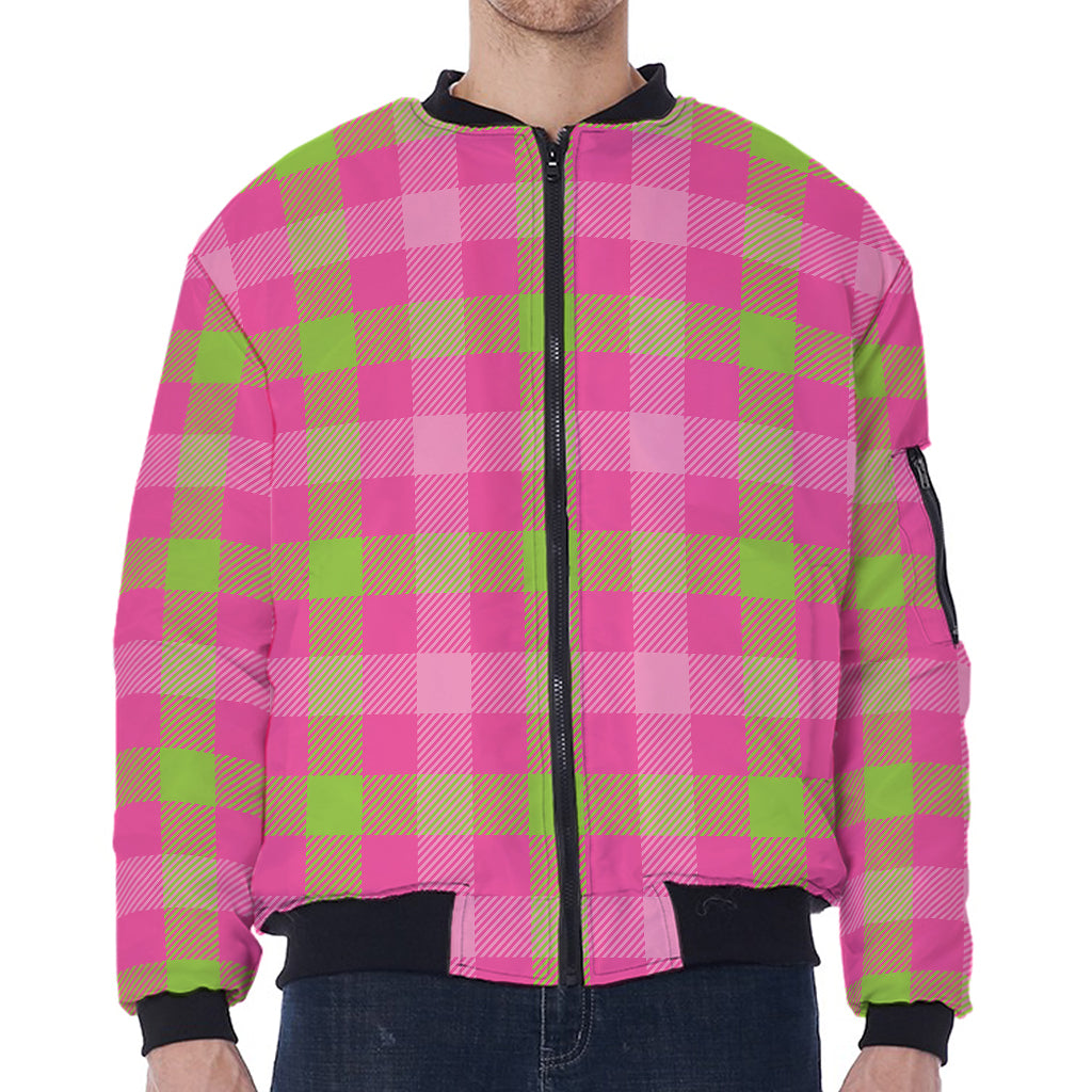 Green And Pink Buffalo Plaid Print Zip Sleeve Bomber Jacket
