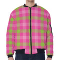 Green And Pink Buffalo Plaid Print Zip Sleeve Bomber Jacket